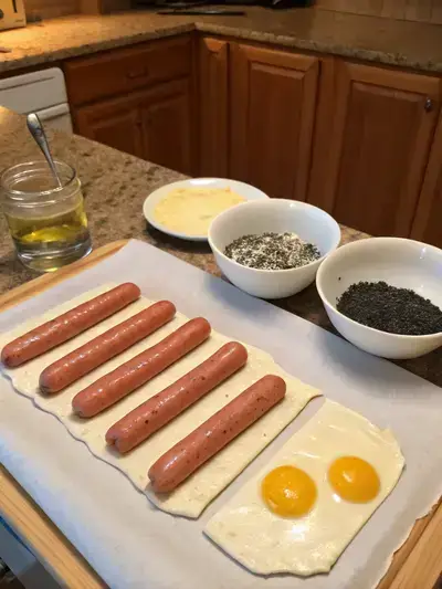 Ingredients for puff pastry hot dogs displayed on a kitchen table.