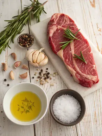 Ingredients for rib cap steak displayed on a kitchen table.