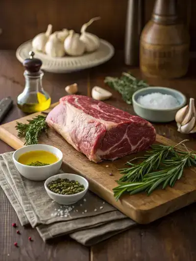 Fresh ingredients for roasted beef displayed on a kitchen table.