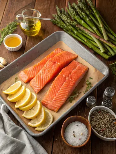 Fresh ingredients for sheet pan salmon including salmon fillets, lemon slices, asparagus, and spices.