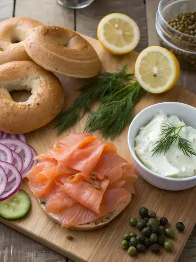 A vibrant assortment of ingredients for smoked salmon bagels on a rustic kitchen table.