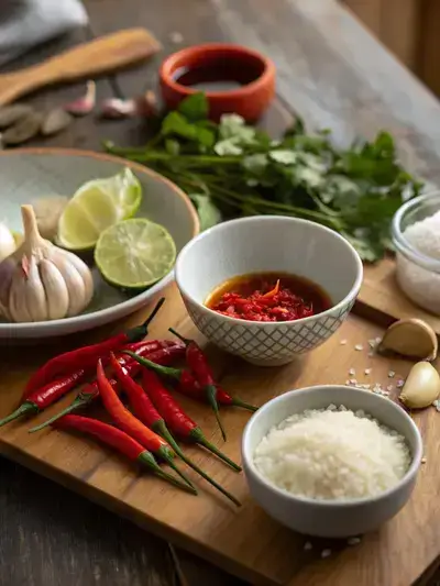 Ingredients for Thai chilli displayed on a kitchen table, including chillies, garlic, and condiments.
