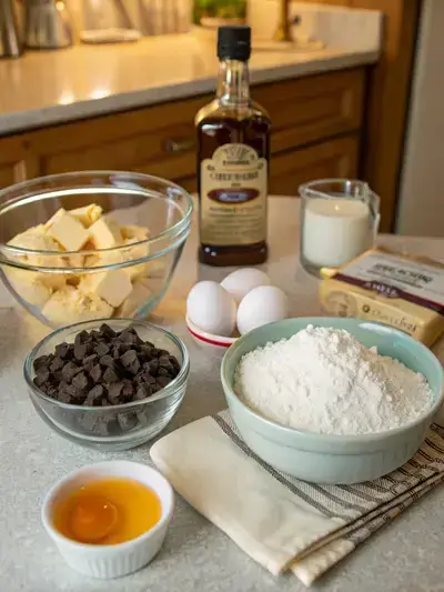 A collection of ingredients for thin chocolate chip cookies arranged on a kitchen table.