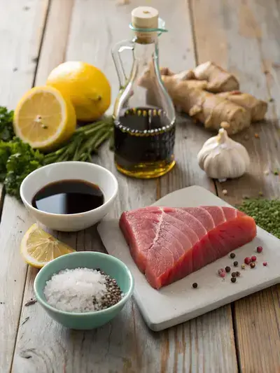 Fresh ingredients for a tuna belly recipe on a kitchen table.