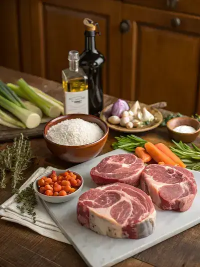 Fresh ingredients for veal shanks displayed on a rustic kitchen table.