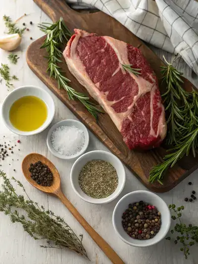 Ingredients for a striploin roast displayed on a kitchen table, including a striploin roast and various seasonings.
