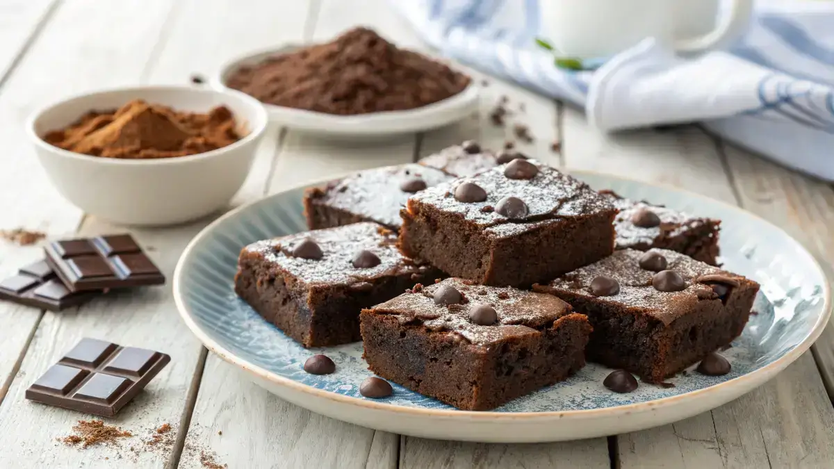 Delicious chocolate brownies on a rustic wooden table, garnished with powdered sugar and chocolate chips.