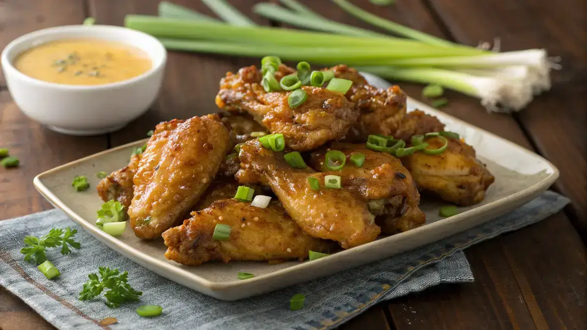 Delicious honey garlic wings garnished with green onions on a wooden table.