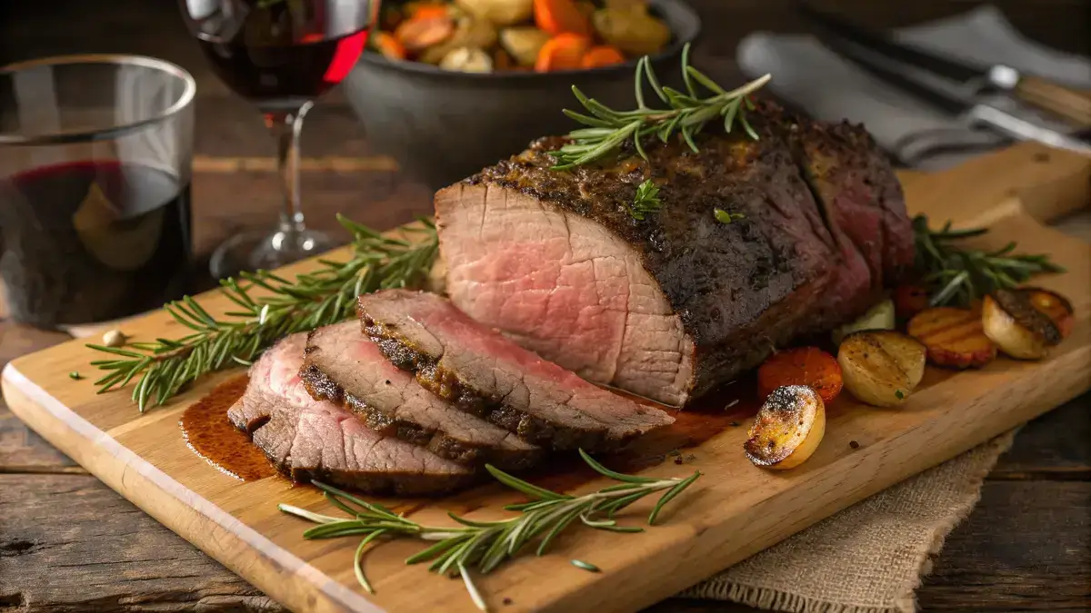 A perfectly roasted beef roast sliced on a cutting board with herbs and vegetables.