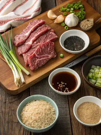 Ingredients for Korean BBQ meat displayed on a kitchen table.