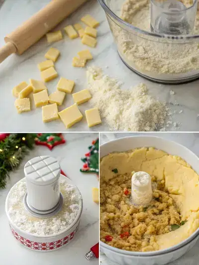 Step-by-step process of making Christmas cheese crackers, including pulsing dry ingredients, adding butter, mixing in cheese, and rolling out dough.