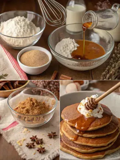 Step-by-step process of making Gingerbread pancakes, from mixing ingredients to serving the final dish.