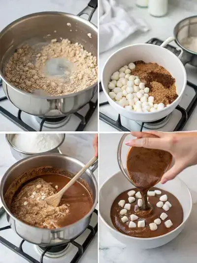 Step-by-step process of making hot chocolate oatmeal, from combining ingredients to serving in a bowl with toppings.