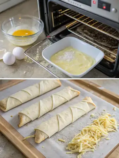 Step-by-step process of making puff pastry cheese twists, including preheating the oven, rolling out pastry, preparing egg wash, and adding cheese.