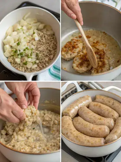 Step-by-step process of making white pudding, including mixing ingredients, filling casings, poaching, and frying.