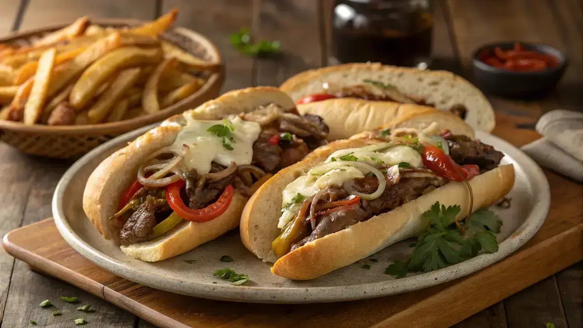 Shaved ribeye sandwiches with sautéed vegetables and melted cheese on hoagie rolls.