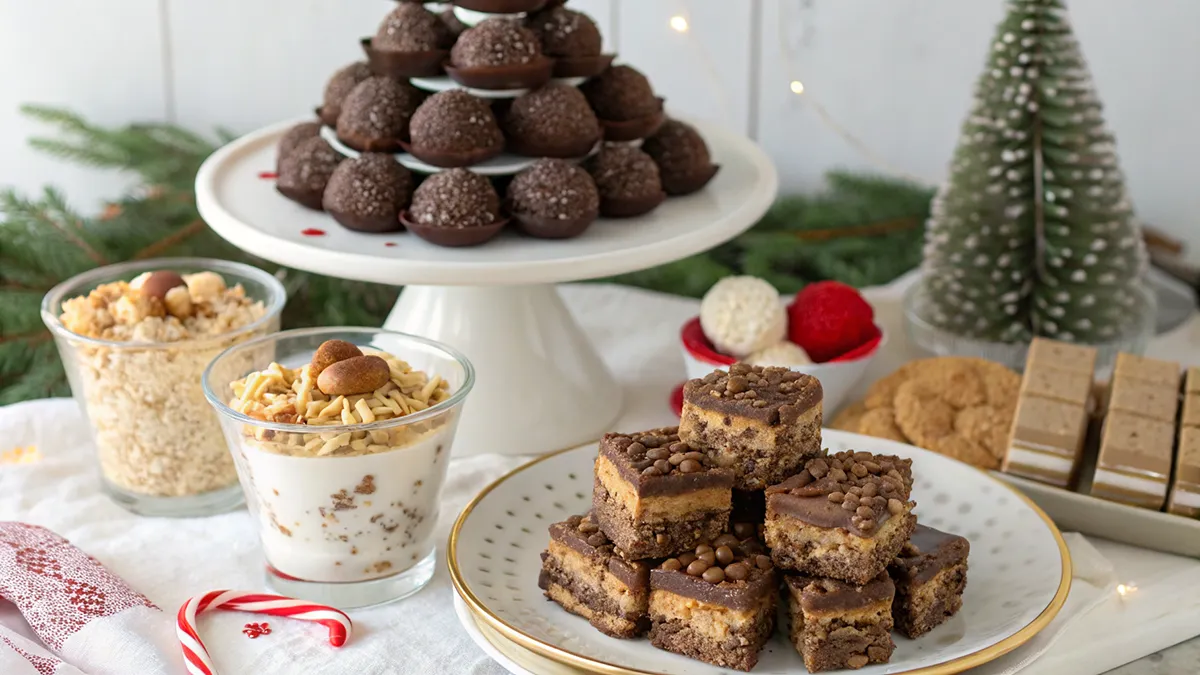 No bake Christmas treats including chocolate truffles, rice krispies trees, Oreo cheesecake, peanut butter bars and parfaits