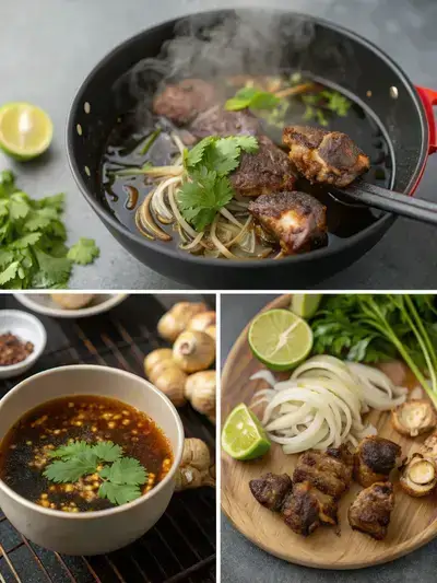 A collage of images showing the preparation of oxtail pho, including charred onion and ginger, toasted spices, simmering oxtails, and a finished bowl of pho with garnishes.