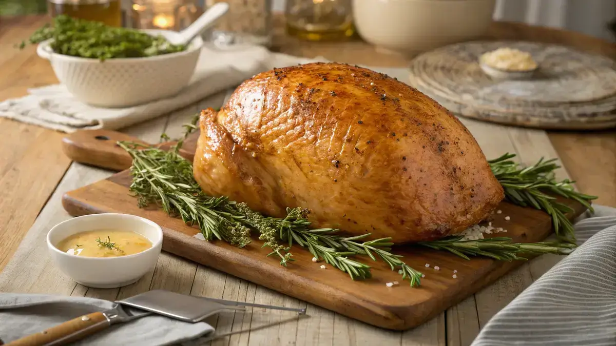 Roasted Butterball turkey breast on a wooden table with herbs and seasoning.