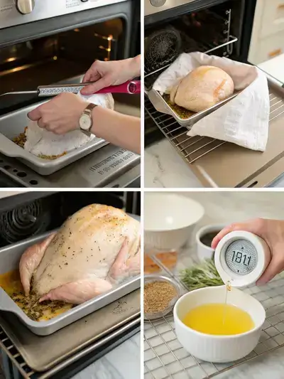 Step-by-step preparation of Butterball turkey breast, including preheating the oven, patting the turkey dry, applying olive oil, and placing it in a roasting pan with broth.