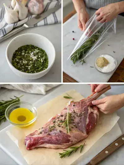Step-by-step preparation of butterflied lamb leg, including marinade ingredients, lamb preparation, and marinating process.