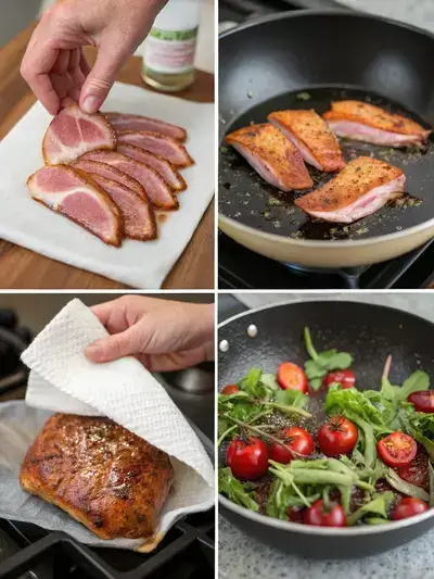 Step-by-step preparation of smoked duck breast, showcasing patting dry, heating skillet, searing duck, and serving on a salad.