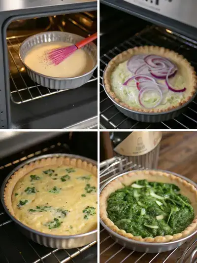 Step-by-step preparation of Spinach and cheese quiche, including preheating the oven, preparing the pie crust, sautéing vegetables, and pouring the filling.