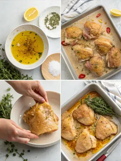 Step-by-step preparation of boneless chicken thighs, including marinating and baking.