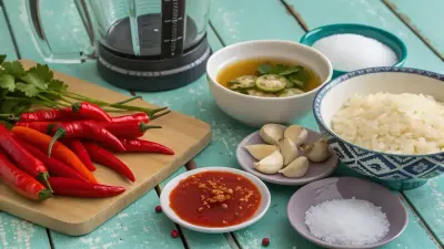 Ingredients for Thai chilli sauce including chillies, garlic, and condiments on a wooden countertop.