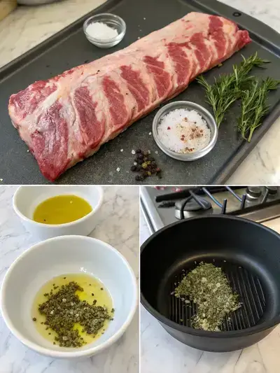 Step-by-step preparation of rib cap steak, including resting, seasoning, and searing.