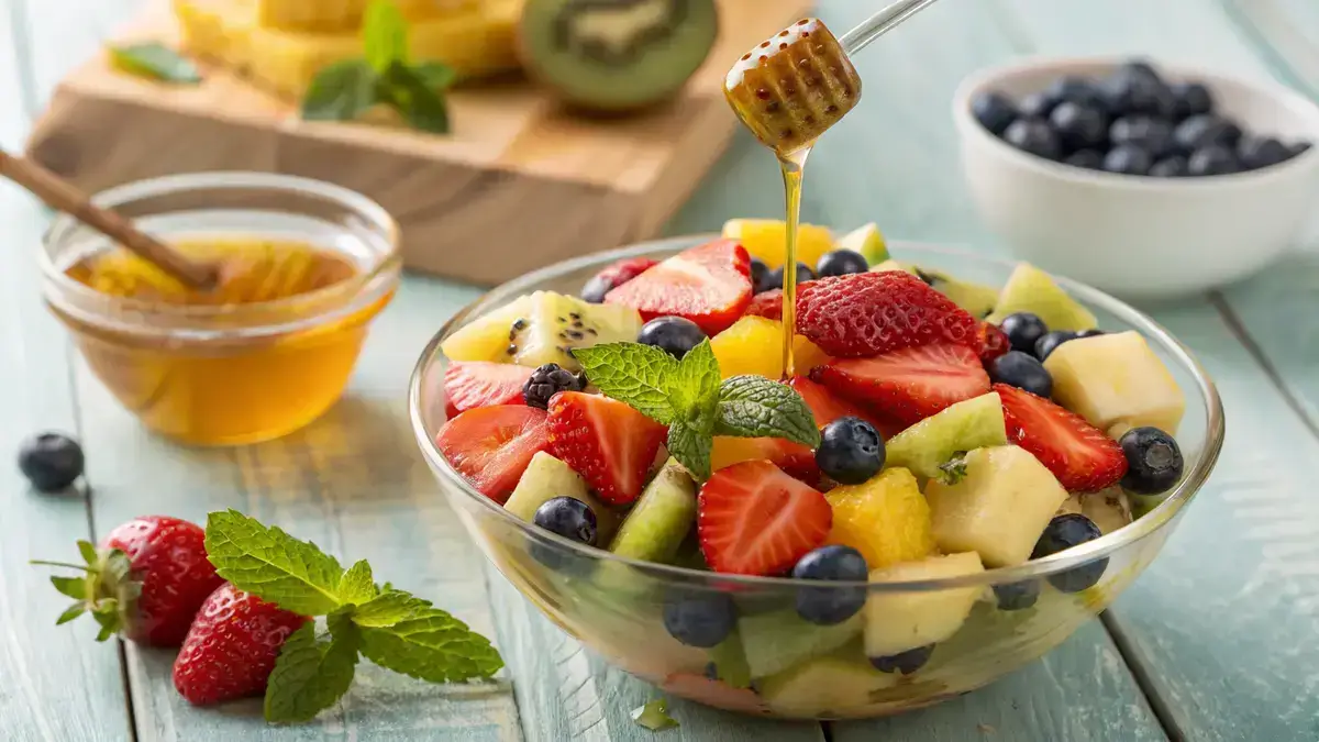 Fruit salad with honey in a glass bowl
