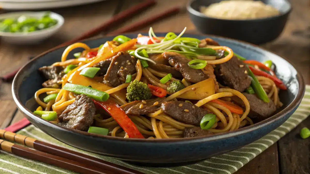 Delicious beef lo mein with stir-fried beef and colorful vegetables in a bowl.