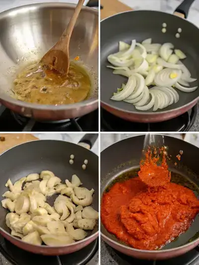 Illustration of the step-by-step process for thai coconut curry: heating oil, cooking onions, adding garlic and ginger, and mixing in red curry paste