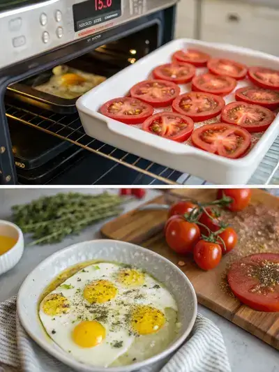 Step-by-step process of preparing baked eggs and tomatoes, showcasing preheating the oven, preparing tomatoes, seasoning them, and adding eggs.
