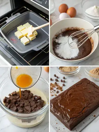 Step-by-step process of making chocolate brownies, divided into four sections.