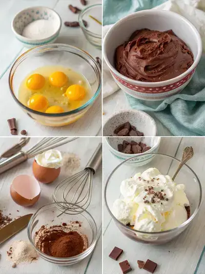 Four-step process of making chocolate mousse, including melted chocolate, whipped egg yolks, whipped cream, and whipped egg whites.