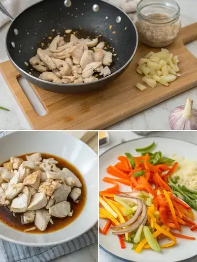 A step-by-step visual guide to making chop suey, featuring sliced chicken, a hot wok, stir-fried aromatics, and the final dish.