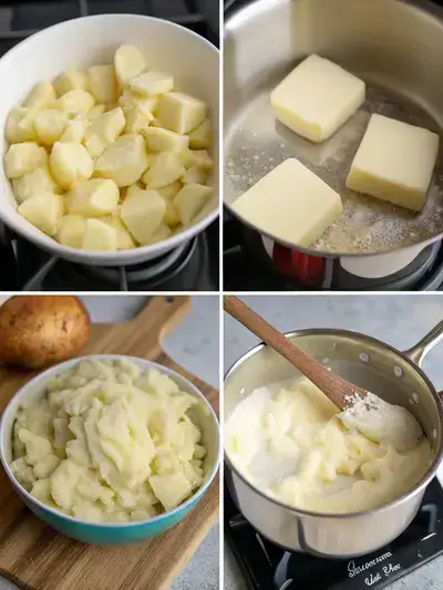 Step-by-step process of making creamy mashed potatoes, including peeled potatoes, boiling potatoes, mashing, and mixing with warm ingredients.