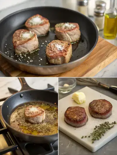 Four-step process of preparing filet medallions, including seasoning, heating oil, searing, and basting with garlic and thyme.