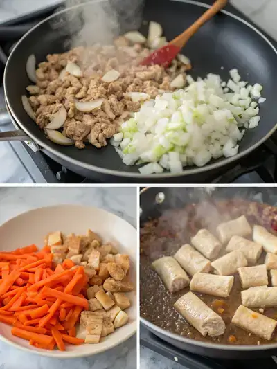 A step-by-step visual guide to making lumpia, showcasing sautéing, cooking the filling, adding vegetables, and wrapping the lumpia.