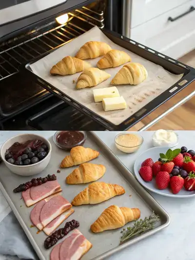 A step-by-step visual guide to preparing a mini croissant platter, showcasing the warming, slicing, filling, and garnishing process.