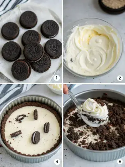 Step-by-step process of making No bake Oreo cheesecake, including separating cookies, making the crust, and preparing the filling.