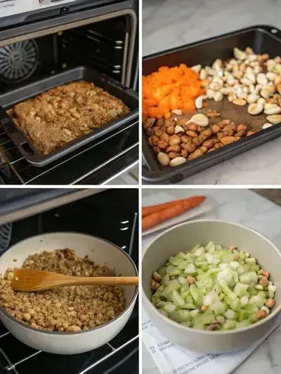 Four-step process of making nut roast, including preheating the oven, toasting nuts, sautéing vegetables, and mixing ingredients.