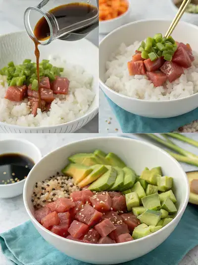 A step-by-step visual guide to making a poke sushi bowl, featuring rinsing rice, cooking rice, marinating tuna, and assembling the bowl with fresh toppings.
