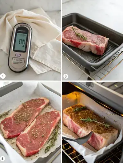 Four-step process of preparing a striploin roast, including preheating the oven, seasoning the roast, and placing it in a roasting pan.