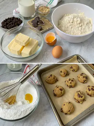A step-by-step visual guide to making thin chocolate chip cookies, showcasing ingredients, mixing, scooping, and baking.