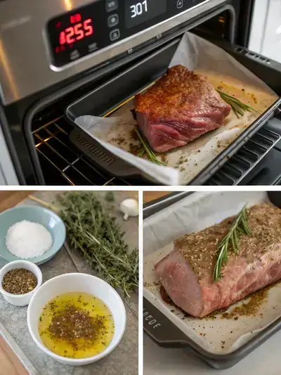 Four-step process of preparing roasted beef, including preheating the oven, drying the roast, seasoning it, and roasting in the oven.
