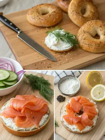 A step-by-step visual guide to making smoked salmon bagels, showcasing toasted bagels, cream cheese, smoked salmon, and fresh toppings.