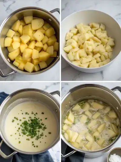 Step-by-step process of making vegan mashed potatoes, including ingredients and cooking methods.