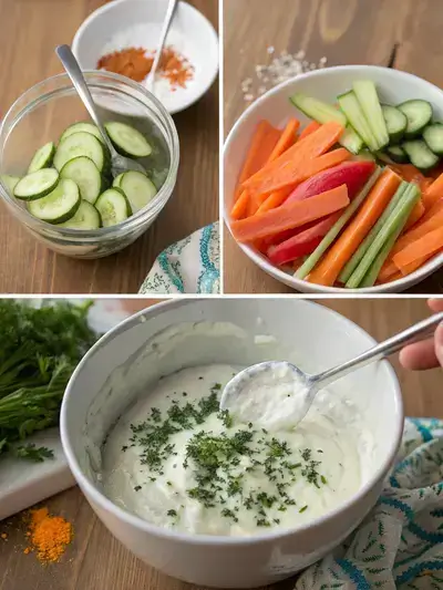 Four-step process of making veggie yogurt dip, including mixing ingredients, seasoning, chilling, and serving with vegetable sticks.
